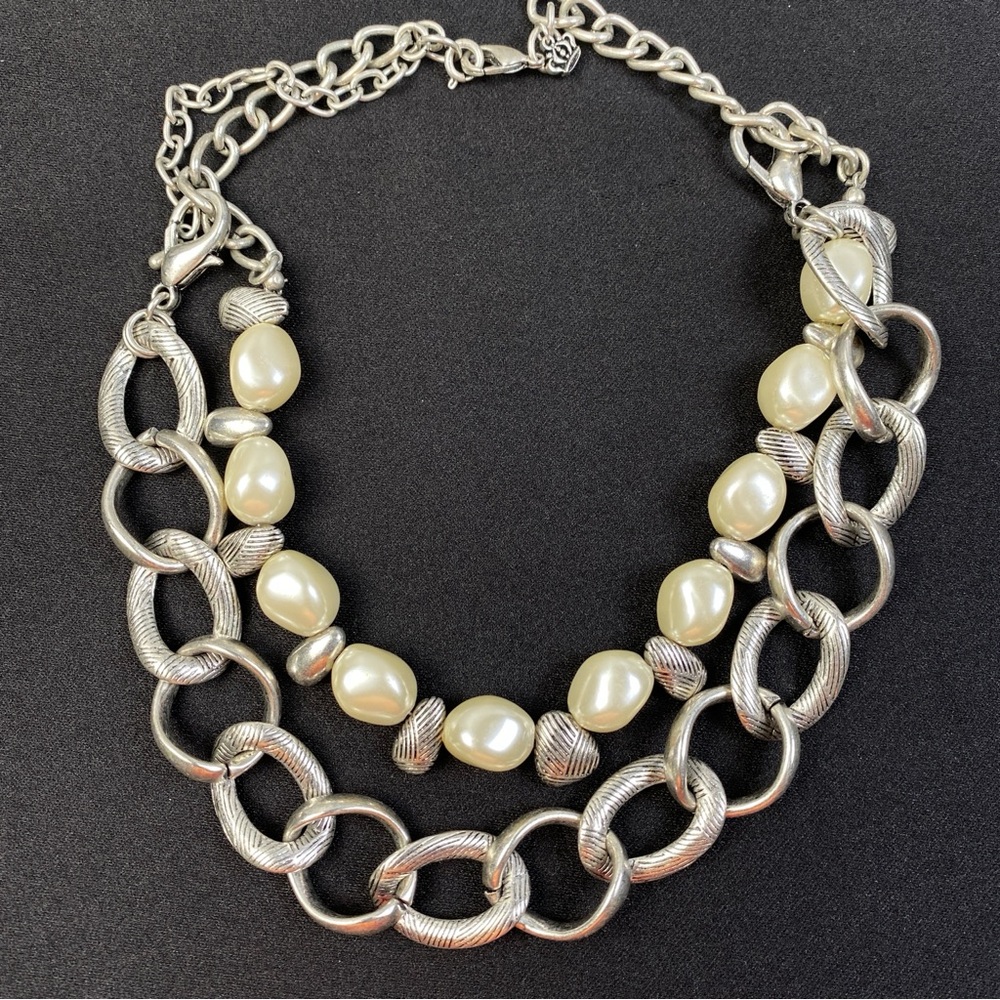 Juicy Couture Silver Tone Double Chain Faux Pearl Convertible Necklace 13” - 20”